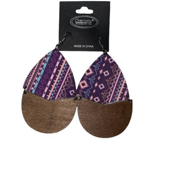 New NWT Wooden Fabric Covered Boho Aztec Dangle Earrings Purple multi - Picture 2 of 5